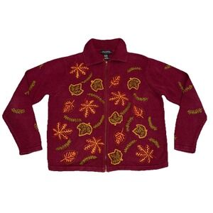Vintage All Points Womens Maroon Cardigan Sweater Autumn Leaf Embroidery Large